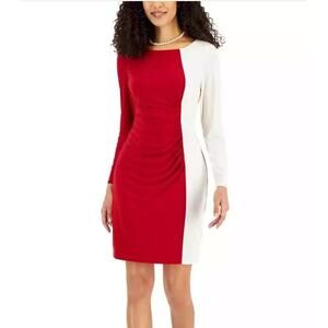 Kasper Womens Quinn Sheath Dress 1X Red Cream Ruched Colorblock Stretch NWT